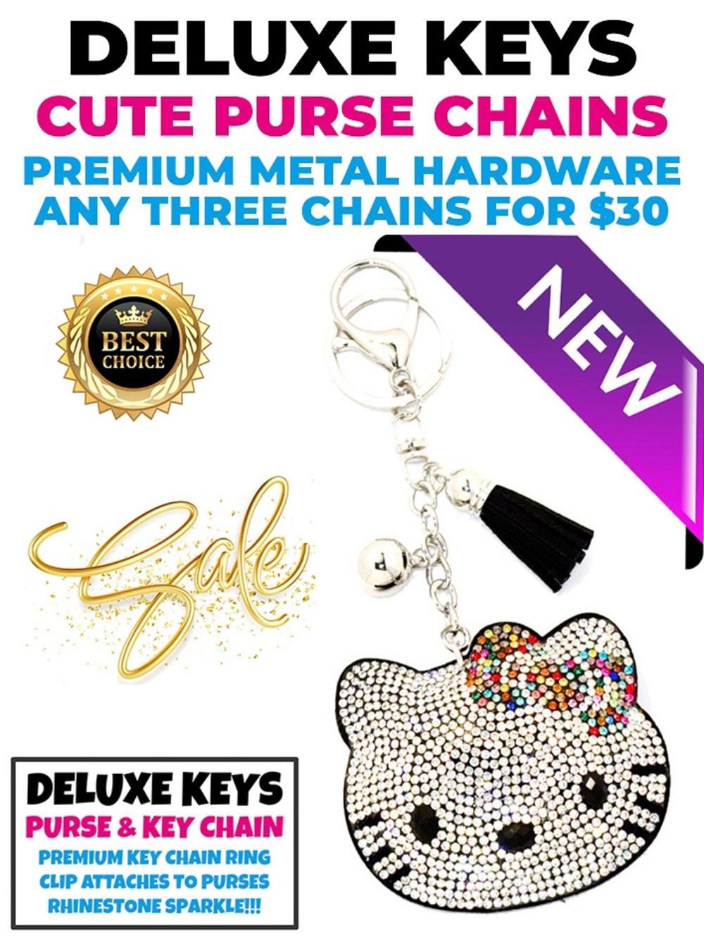 DeLuxe Keys Rhinestone Keychain/Purse Chain HELLO KITTY FACE RAINBOW
